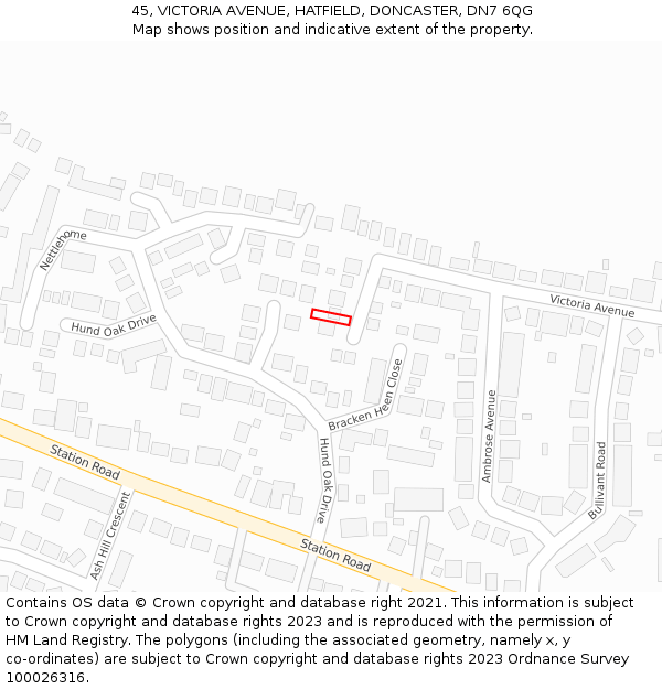 45, VICTORIA AVENUE, HATFIELD, DONCASTER, DN7 6QG: Location map and indicative extent of plot
