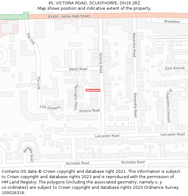 45, VICTORIA ROAD, SCUNTHORPE, DN16 2RZ: Location map and indicative extent of plot