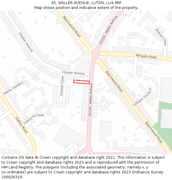 45, WALLER AVENUE, LUTON, LU4 9RP: Location map and indicative extent of plot