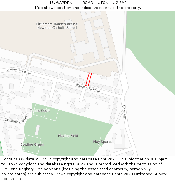45, WARDEN HILL ROAD, LUTON, LU2 7AE: Location map and indicative extent of plot