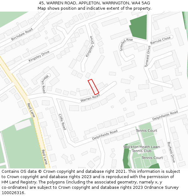 45, WARREN ROAD, APPLETON, WARRINGTON, WA4 5AG: Location map and indicative extent of plot