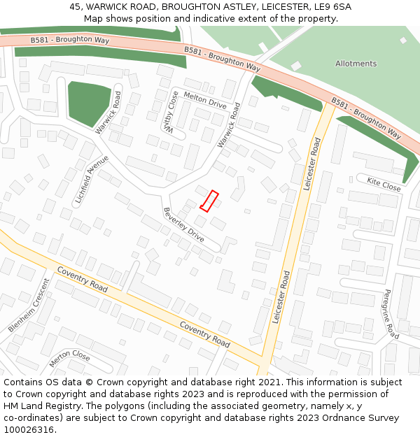 45, WARWICK ROAD, BROUGHTON ASTLEY, LEICESTER, LE9 6SA: Location map and indicative extent of plot