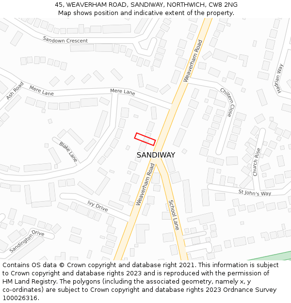 45, WEAVERHAM ROAD, SANDIWAY, NORTHWICH, CW8 2NG: Location map and indicative extent of plot