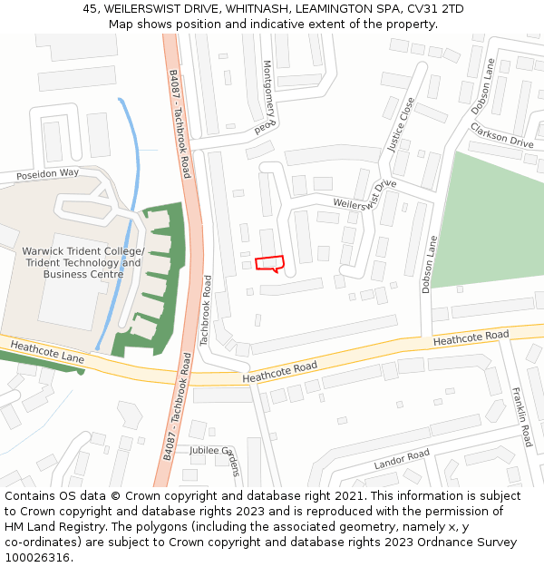 45, WEILERSWIST DRIVE, WHITNASH, LEAMINGTON SPA, CV31 2TD: Location map and indicative extent of plot