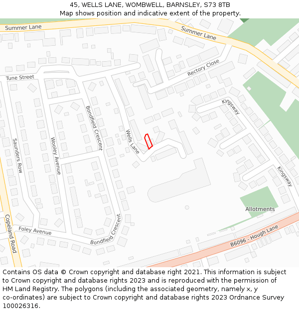 45, WELLS LANE, WOMBWELL, BARNSLEY, S73 8TB: Location map and indicative extent of plot