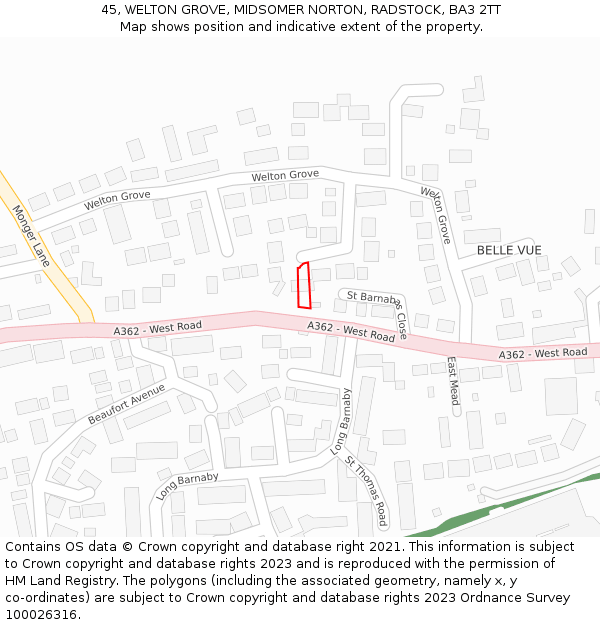 45, WELTON GROVE, MIDSOMER NORTON, RADSTOCK, BA3 2TT: Location map and indicative extent of plot