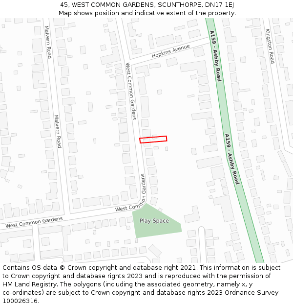 45, WEST COMMON GARDENS, SCUNTHORPE, DN17 1EJ: Location map and indicative extent of plot