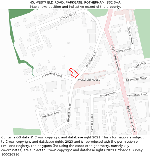 45, WESTFIELD ROAD, PARKGATE, ROTHERHAM, S62 6HA: Location map and indicative extent of plot