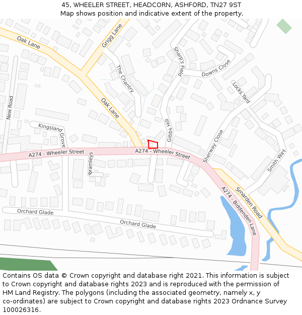 45, WHEELER STREET, HEADCORN, ASHFORD, TN27 9ST: Location map and indicative extent of plot