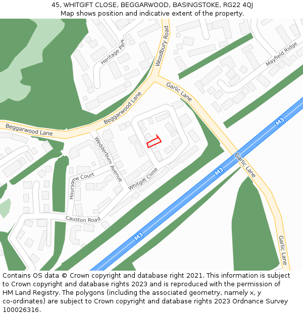 45, WHITGIFT CLOSE, BEGGARWOOD, BASINGSTOKE, RG22 4QJ: Location map and indicative extent of plot