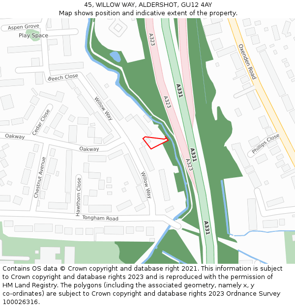 45, WILLOW WAY, ALDERSHOT, GU12 4AY: Location map and indicative extent of plot