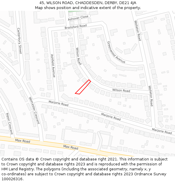 45, WILSON ROAD, CHADDESDEN, DERBY, DE21 4JA: Location map and indicative extent of plot