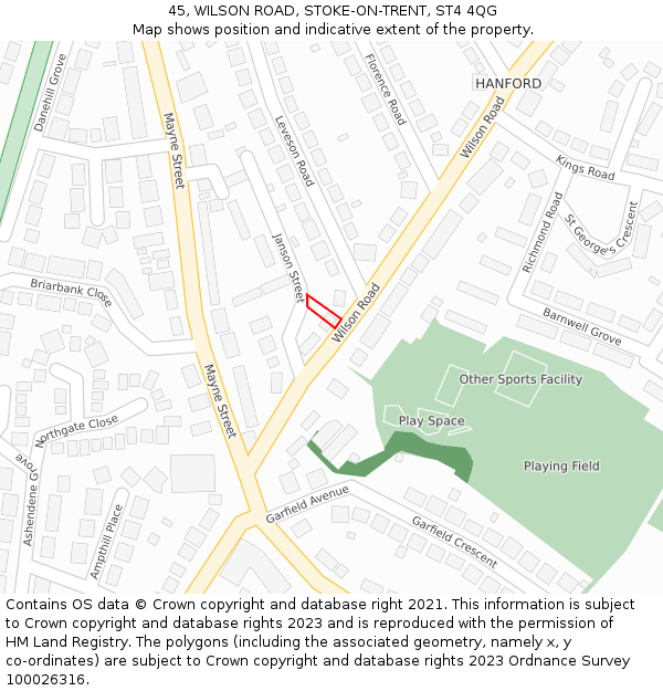 45, WILSON ROAD, STOKE-ON-TRENT, ST4 4QG: Location map and indicative extent of plot