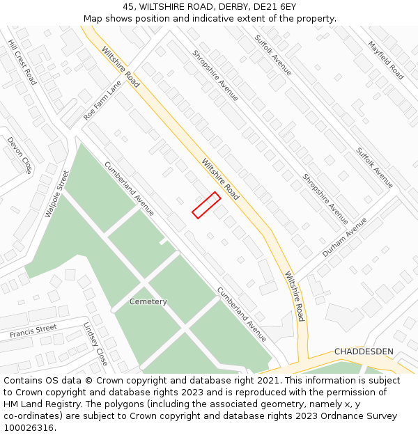 45, WILTSHIRE ROAD, DERBY, DE21 6EY: Location map and indicative extent of plot