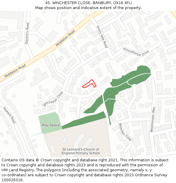 45, WINCHESTER CLOSE, BANBURY, OX16 4FU: Location map and indicative extent of plot