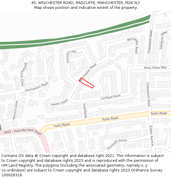 45, WINCHESTER ROAD, RADCLIFFE, MANCHESTER, M26 3LY: Location map and indicative extent of plot