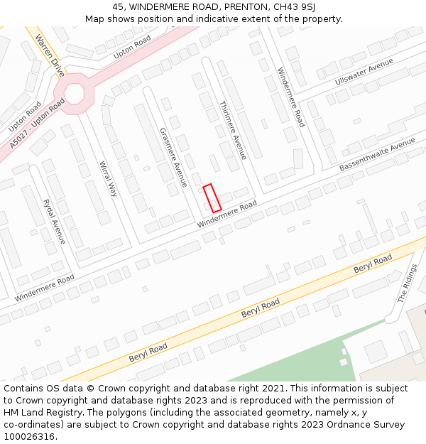 45, WINDERMERE ROAD, PRENTON, CH43 9SJ: Location map and indicative extent of plot