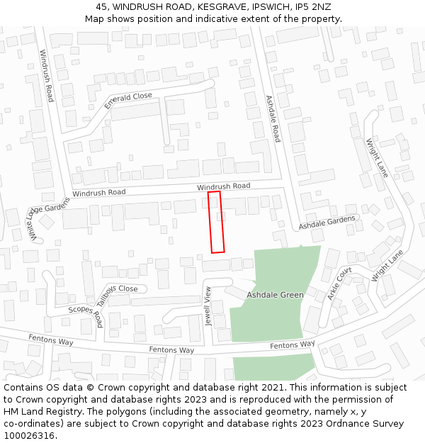 45, WINDRUSH ROAD, KESGRAVE, IPSWICH, IP5 2NZ: Location map and indicative extent of plot