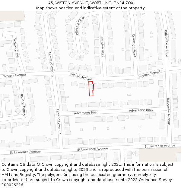 45, WISTON AVENUE, WORTHING, BN14 7QX: Location map and indicative extent of plot