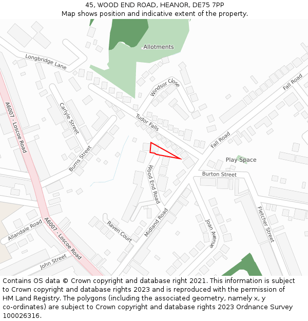 45, WOOD END ROAD, HEANOR, DE75 7PP: Location map and indicative extent of plot
