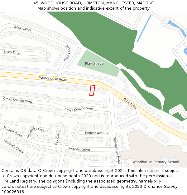 45, WOODHOUSE ROAD, URMSTON, MANCHESTER, M41 7NT: Location map and indicative extent of plot