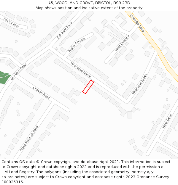 45, WOODLAND GROVE, BRISTOL, BS9 2BD: Location map and indicative extent of plot