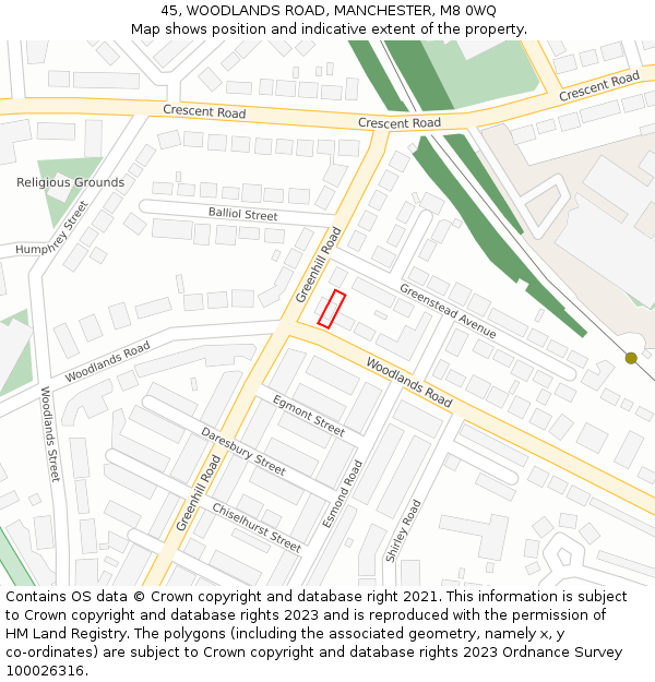 45, WOODLANDS ROAD, MANCHESTER, M8 0WQ: Location map and indicative extent of plot