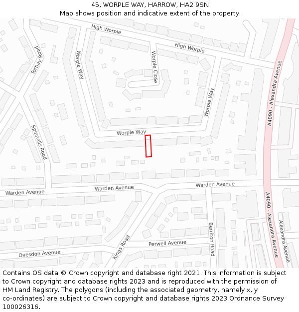 45, WORPLE WAY, HARROW, HA2 9SN: Location map and indicative extent of plot