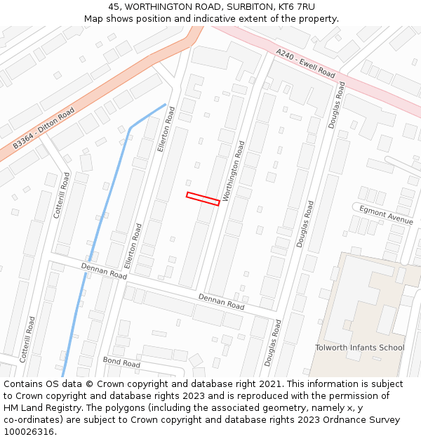45, WORTHINGTON ROAD, SURBITON, KT6 7RU: Location map and indicative extent of plot
