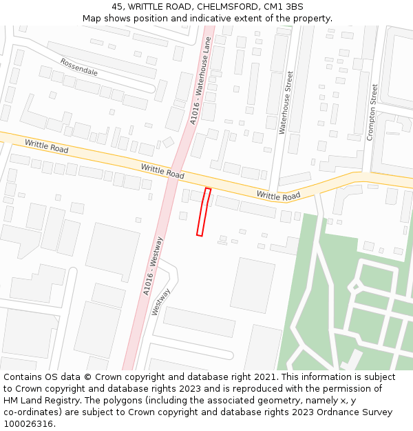 45, WRITTLE ROAD, CHELMSFORD, CM1 3BS: Location map and indicative extent of plot
