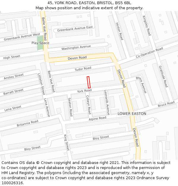 45, YORK ROAD, EASTON, BRISTOL, BS5 6BL: Location map and indicative extent of plot