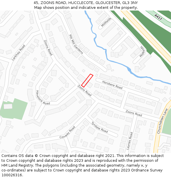 45, ZOONS ROAD, HUCCLECOTE, GLOUCESTER, GL3 3NY: Location map and indicative extent of plot