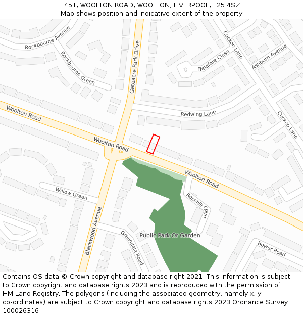 451, WOOLTON ROAD, WOOLTON, LIVERPOOL, L25 4SZ: Location map and indicative extent of plot
