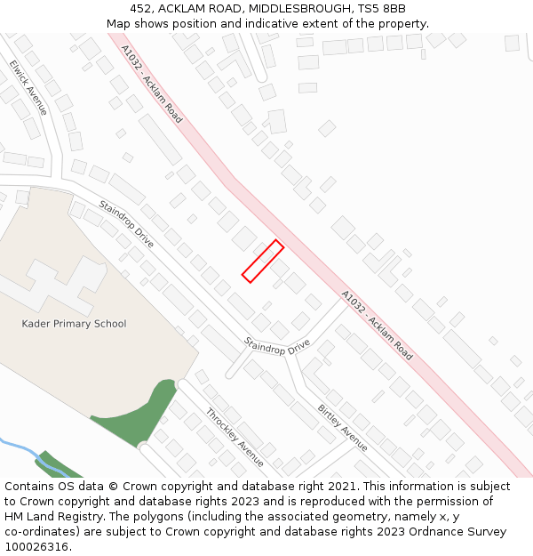 452, ACKLAM ROAD, MIDDLESBROUGH, TS5 8BB: Location map and indicative extent of plot
