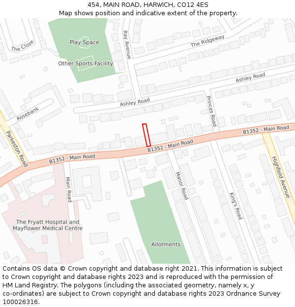 454, MAIN ROAD, HARWICH, CO12 4ES: Location map and indicative extent of plot
