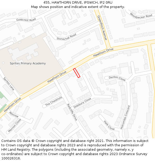 455, HAWTHORN DRIVE, IPSWICH, IP2 0RU: Location map and indicative extent of plot