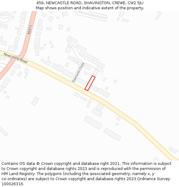 459, NEWCASTLE ROAD, SHAVINGTON, CREWE, CW2 5JU: Location map and indicative extent of plot