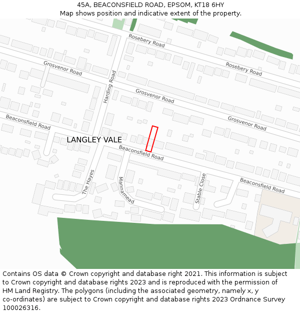 45A, BEACONSFIELD ROAD, EPSOM, KT18 6HY: Location map and indicative extent of plot