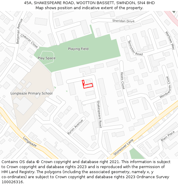 45A, SHAKESPEARE ROAD, WOOTTON BASSETT, SWINDON, SN4 8HD: Location map and indicative extent of plot