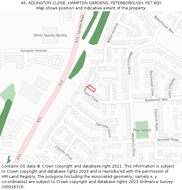 46, ADLINGTON CLOSE, HAMPTON GARDENS, PETERBOROUGH, PE7 8QY: Location map and indicative extent of plot