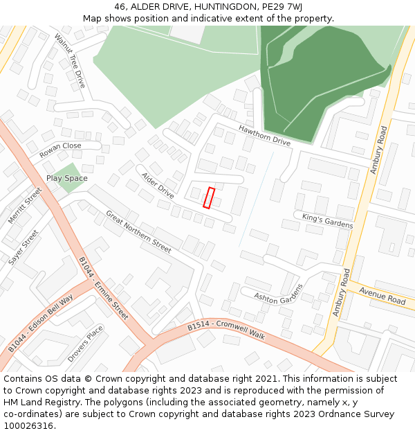 46, ALDER DRIVE, HUNTINGDON, PE29 7WJ: Location map and indicative extent of plot