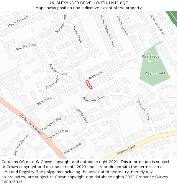 46, ALEXANDER DRIVE, LOUTH, LN11 8QG: Location map and indicative extent of plot
