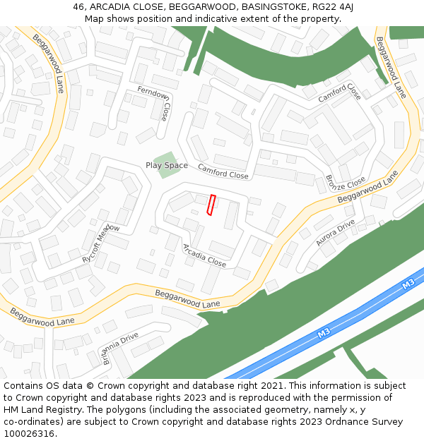 46, ARCADIA CLOSE, BEGGARWOOD, BASINGSTOKE, RG22 4AJ: Location map and indicative extent of plot
