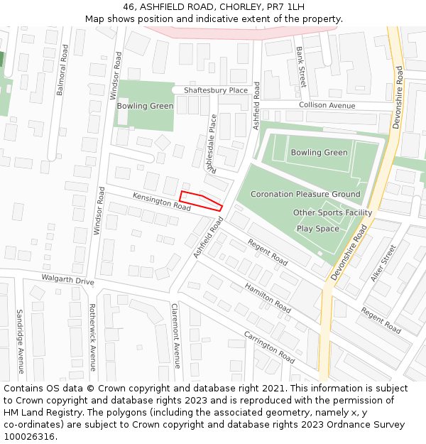 46, ASHFIELD ROAD, CHORLEY, PR7 1LH: Location map and indicative extent of plot