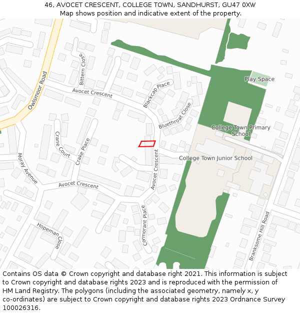 46, AVOCET CRESCENT, COLLEGE TOWN, SANDHURST, GU47 0XW: Location map and indicative extent of plot