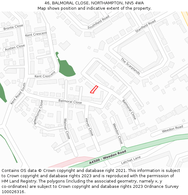 46, BALMORAL CLOSE, NORTHAMPTON, NN5 4WA: Location map and indicative extent of plot
