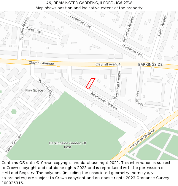 46, BEAMINSTER GARDENS, ILFORD, IG6 2BW: Location map and indicative extent of plot