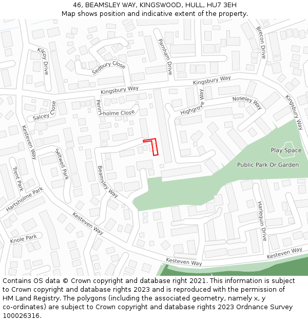 46, BEAMSLEY WAY, KINGSWOOD, HULL, HU7 3EH: Location map and indicative extent of plot