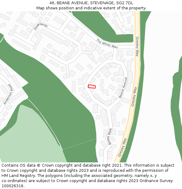 46, BEANE AVENUE, STEVENAGE, SG2 7DL: Location map and indicative extent of plot