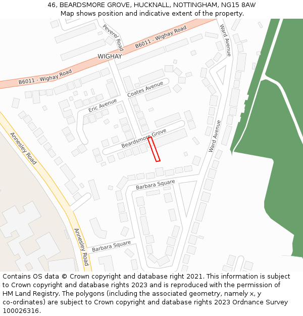 46, BEARDSMORE GROVE, HUCKNALL, NOTTINGHAM, NG15 8AW: Location map and indicative extent of plot